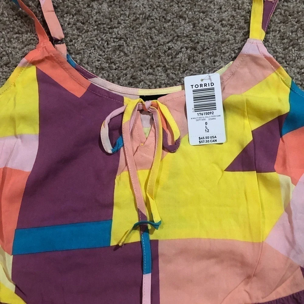 Torrid Challis Tiered Tie-Front Cami Bright Geometric Print 0X - Picture 7 of 13